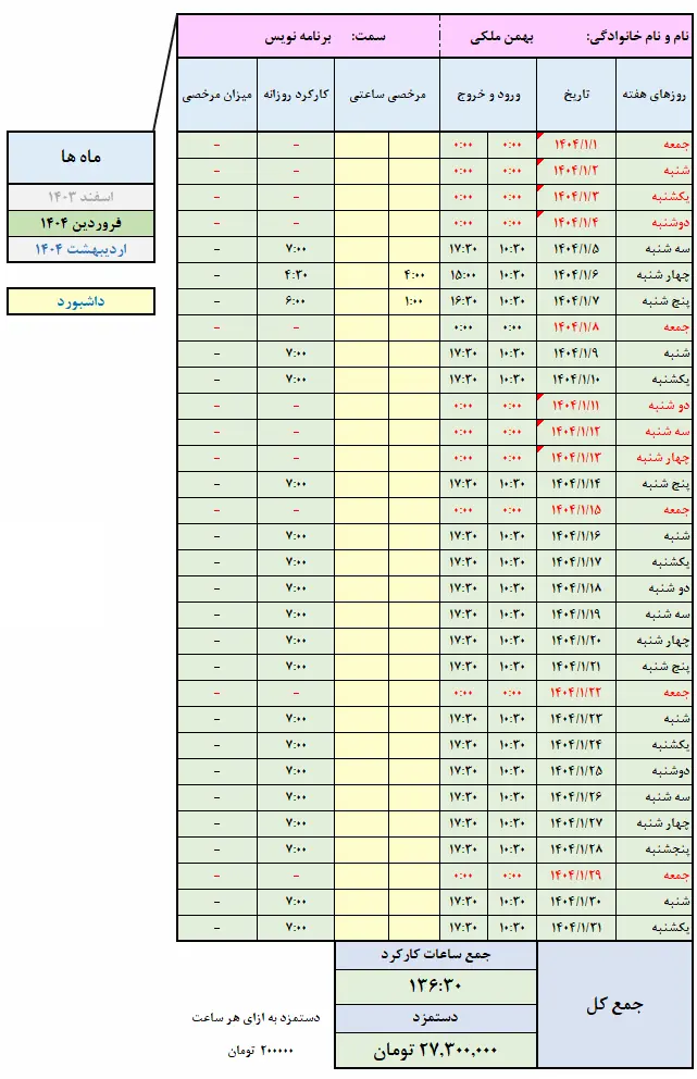 فایل اکسل ثبت ساعت کاری